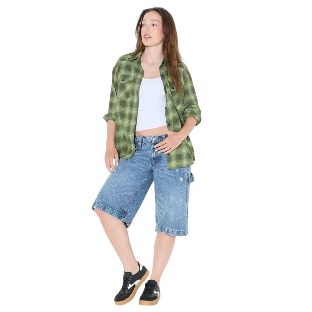 Wild Fable Women's Green Plaid Long Sleeve Button Down Shirt Size XXS